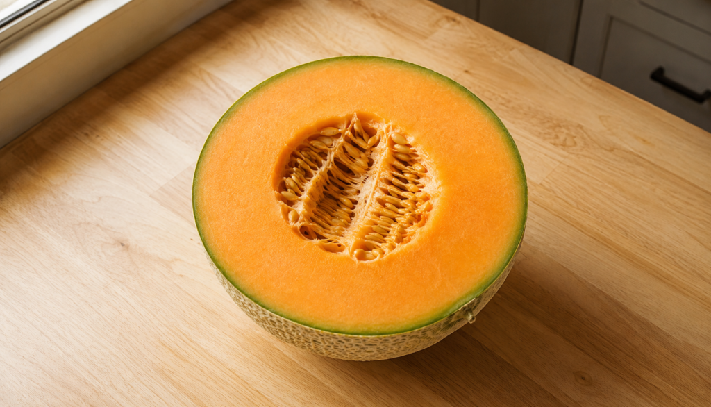 Halved ripe cantaloupe with orange flesh on wooden kitchen counter