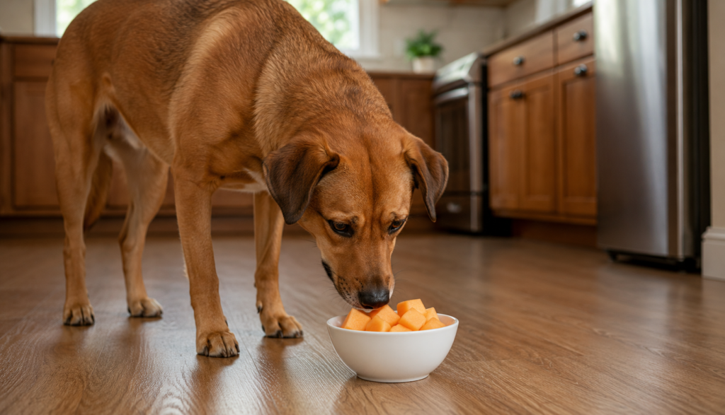 ChatGPT Image Jun 10, 2026, 05_33_34 PM Brown dog sniffing bowl of cantaloupe chunks on kitchen floor