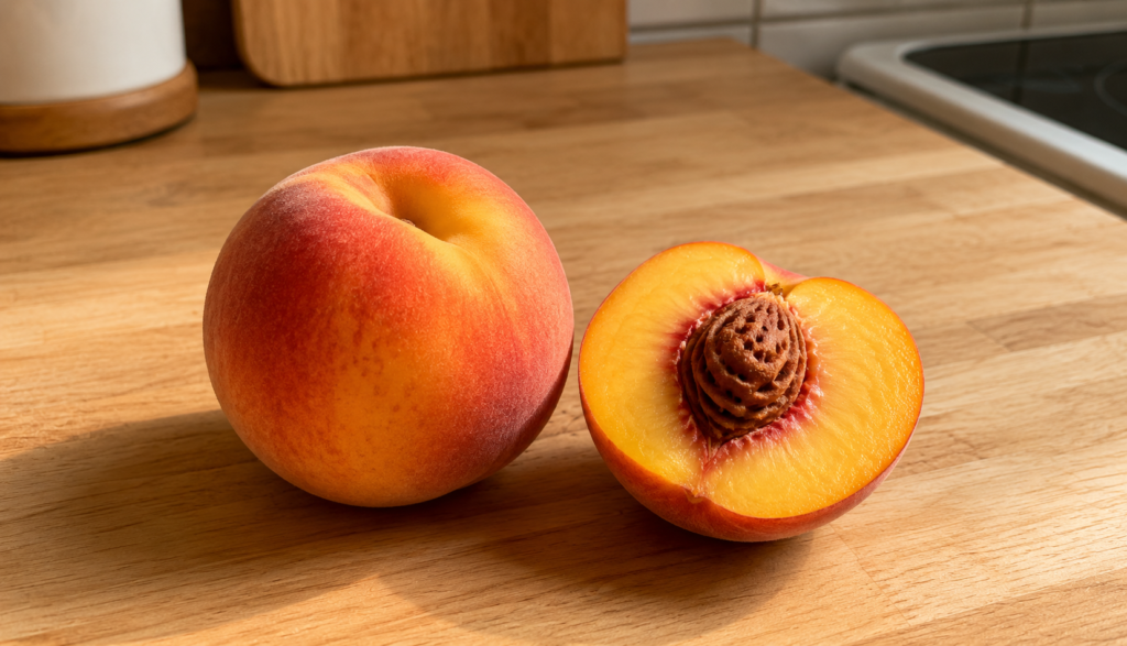 Whole and halved ripe peach showing pit on wooden kitchen counter