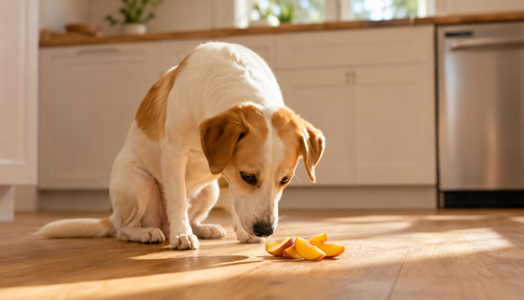 White and tan dog sniffing peach slices on sunny kitchen floor