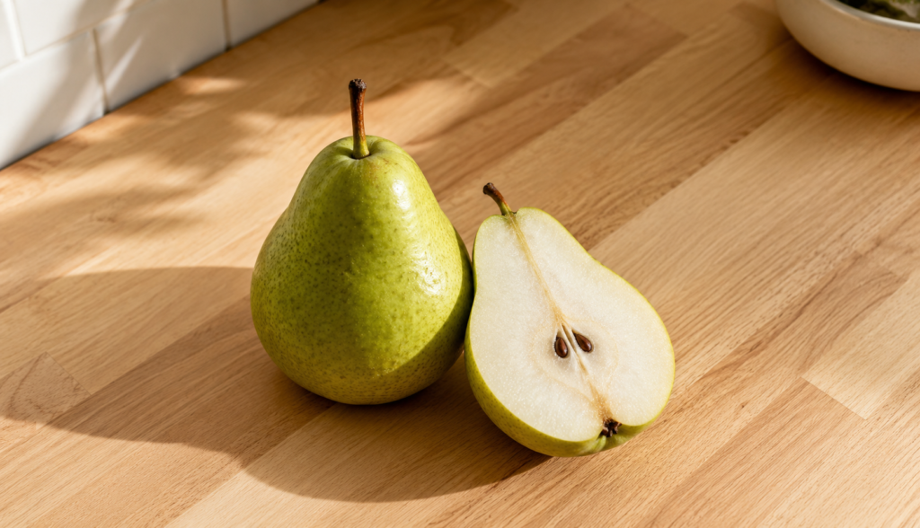 Whole and halved green pear showing core and seeds on wooden counter