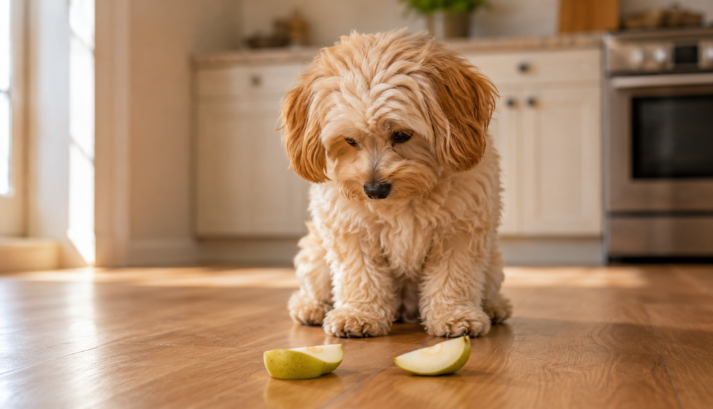Small fluffy dog looking at pear slices placed on kitchen floor