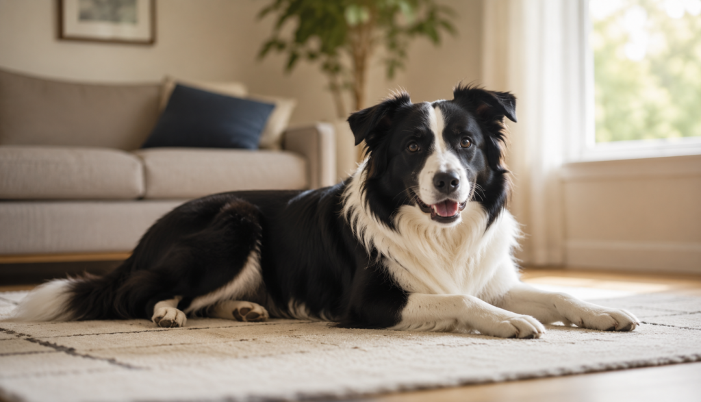 Healthy Border Collie lying relaxed on bright living room rug