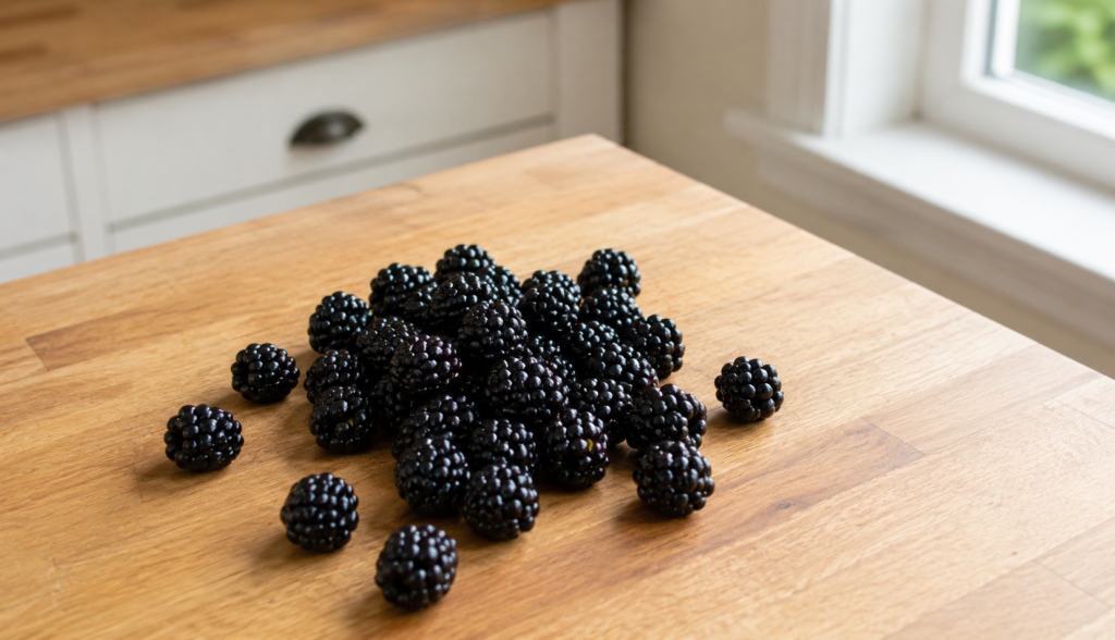 Fresh ripe blackberries scattered on light wooden kitchen counter