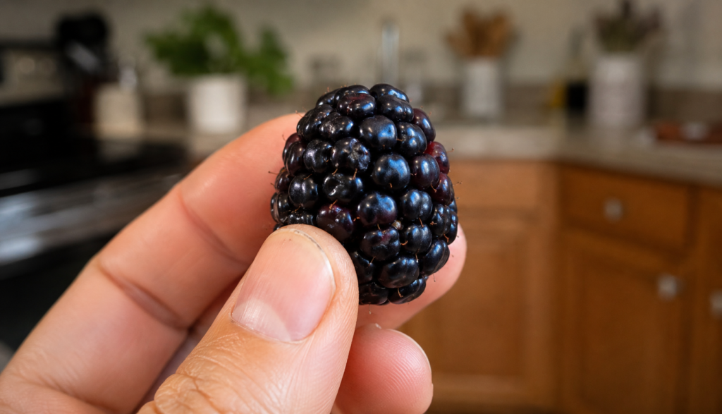 Hand holding single ripe blackberry in close-up macro shot