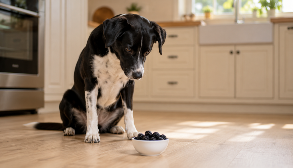 Black and white dog looking at bowl of fresh blackberries on kitchen floor