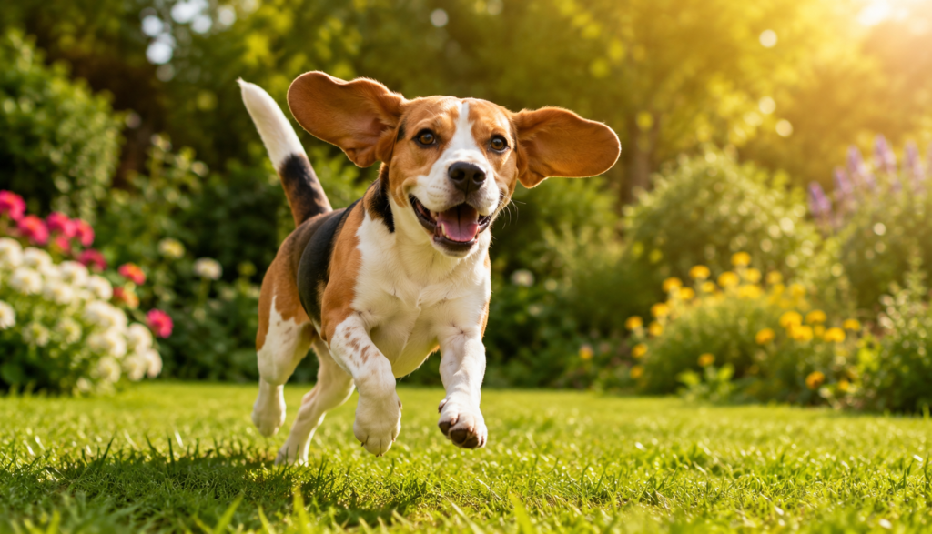 Happy Beagle running through bright sunny garden on summer day