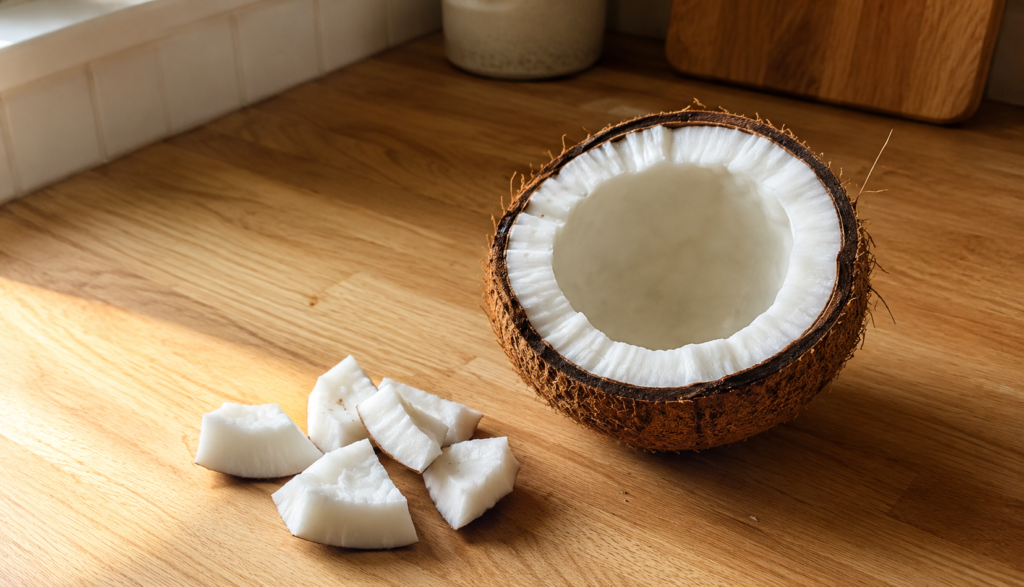 Halved fresh coconut with flesh exposed and chunks on wooden counter
