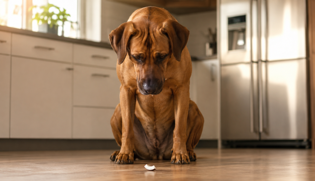 ChatGPT Image Jun 14, 2026, 06_45_59 PM Large brown dog looking at small piece of coconut on kitchen floor