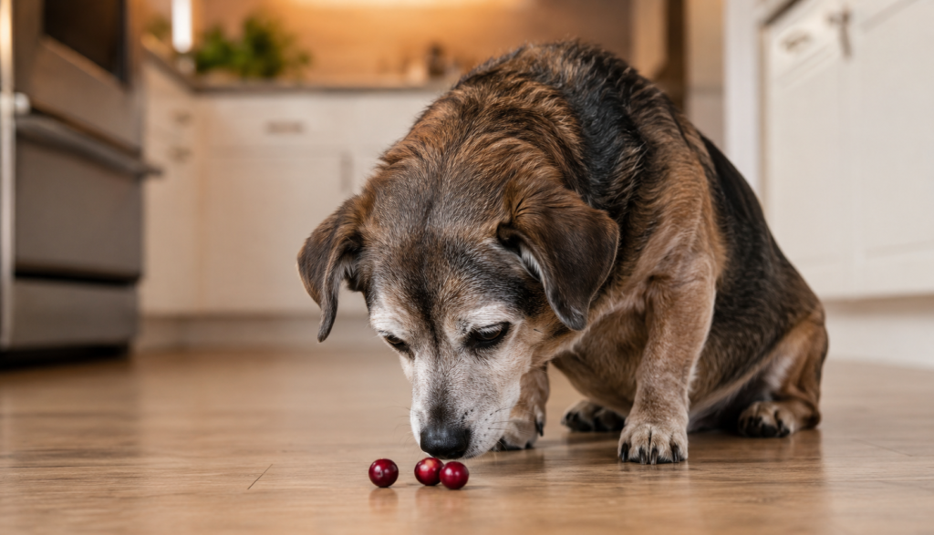 Senior mixed-breed dog sniffing fresh cranberries on kitchen floor