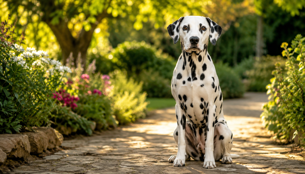  Healthy Dalmatian sitting alert on bright outdoor garden path