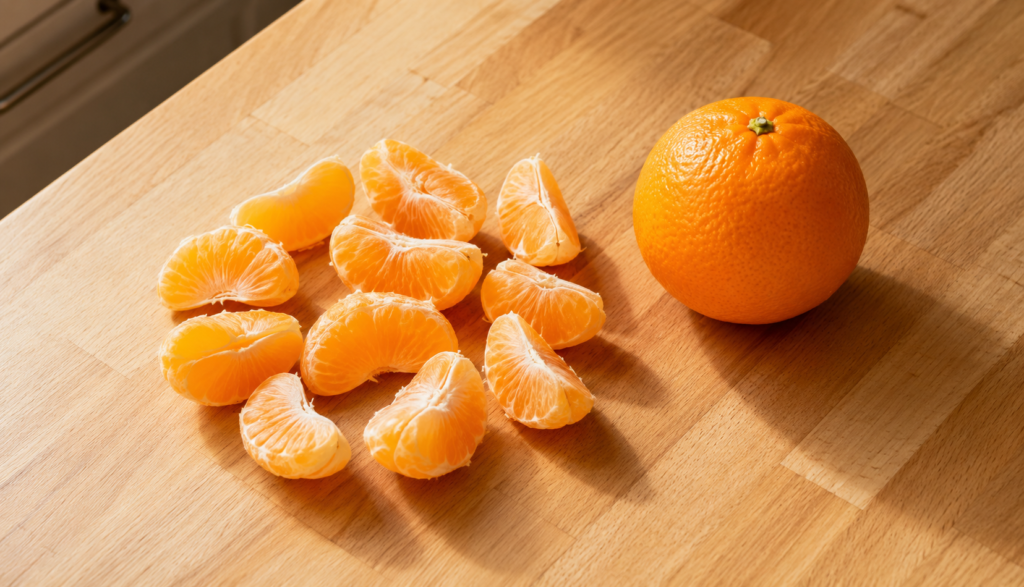 Peeled orange segments and whole orange on light wooden kitchen counter