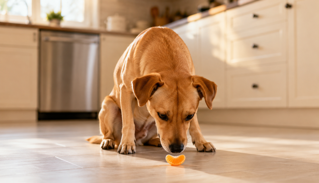 Tan dog sniffing single orange segment placed on bright kitchen floor