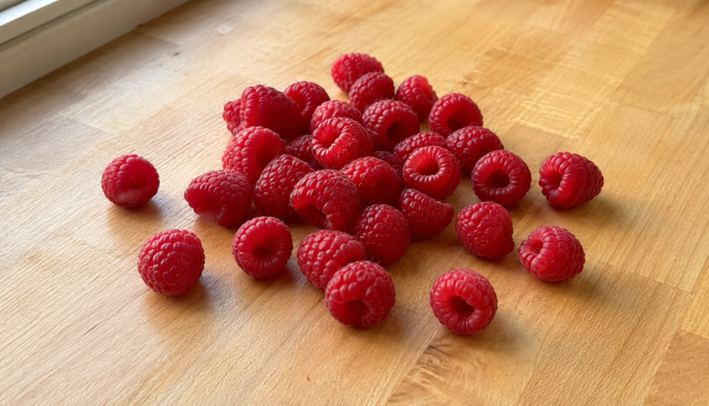 Fresh ripe raspberries scattered on light wooden kitchen counter