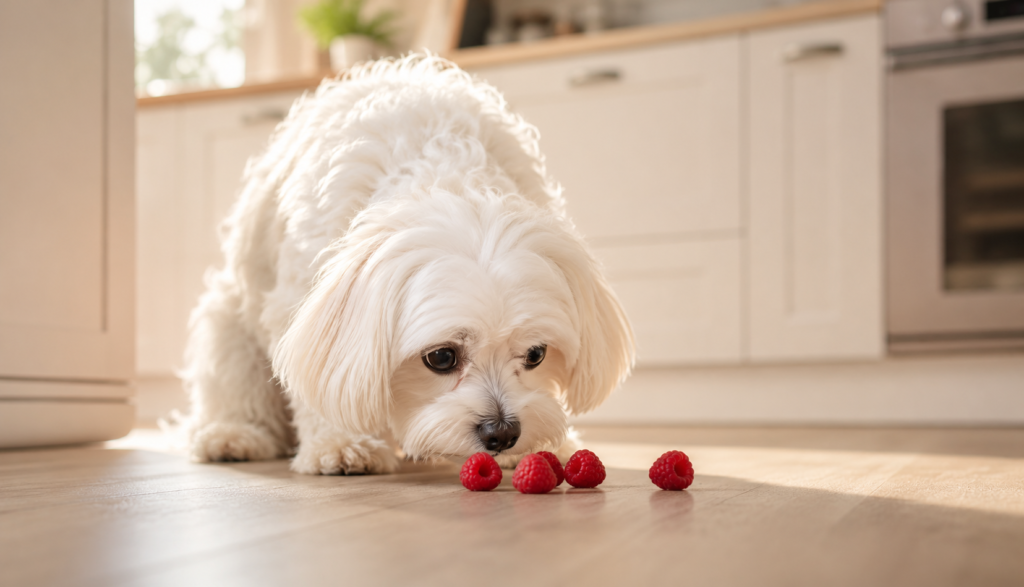Small fluffy white dog sniffing fresh raspberries on kitchen floor
