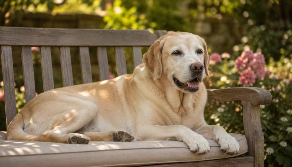 Healthy senior Labrador resting peacefully on garden bench in sunlight