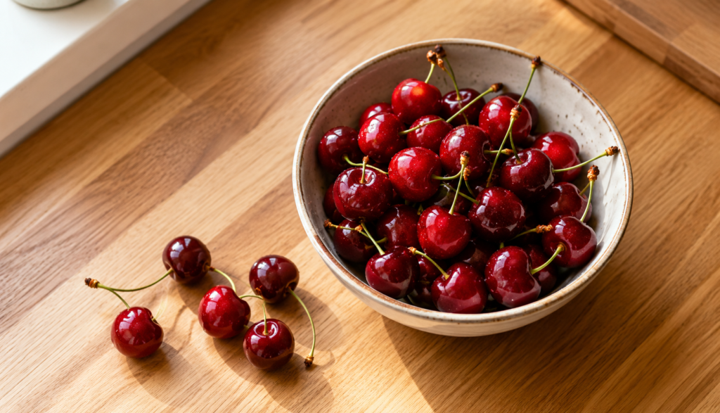 Small bowl of fresh red cherries with stems on wooden kitchen counter