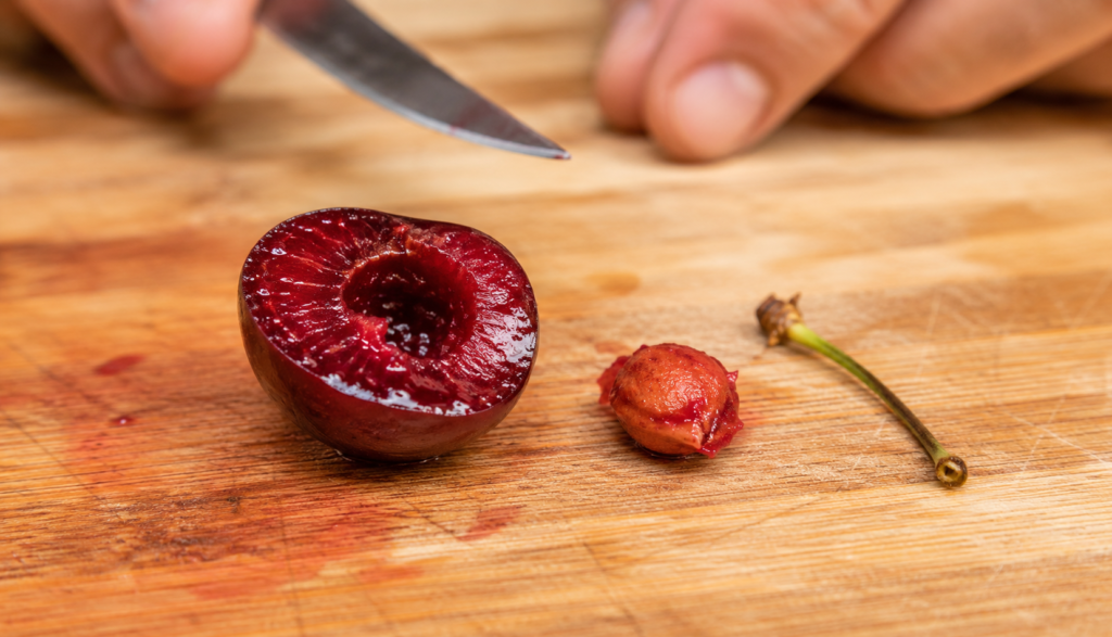 ChatGPT Image Jun 18, 2026, 08_40_48 PM Cherry pit and stem removed on wooden cutting board beside clean flesh