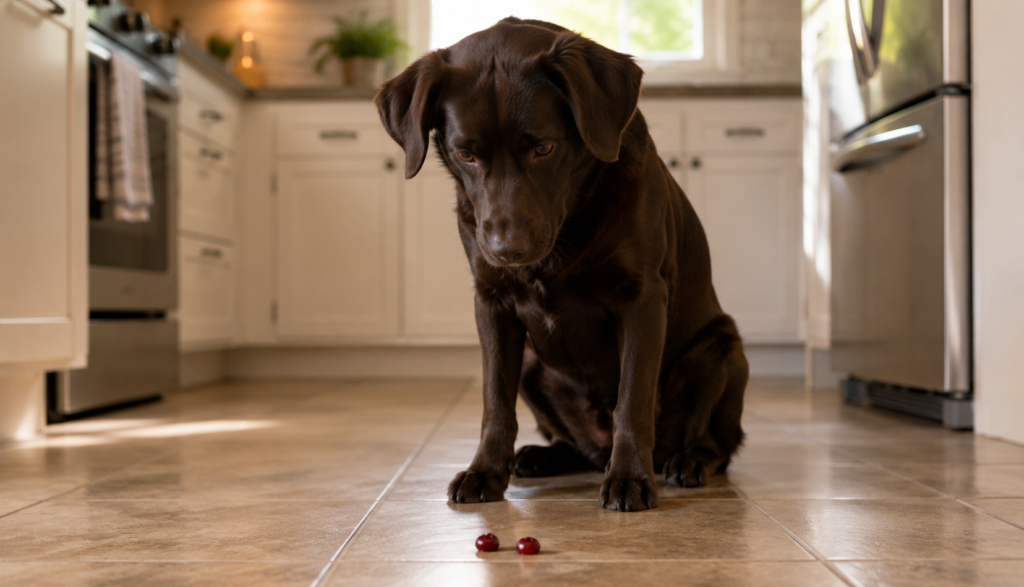 ChatGPT Image Jun 18, 2026, 08_41_41 PM Dark brown dog looking at two pitted cherry pieces on kitchen floor