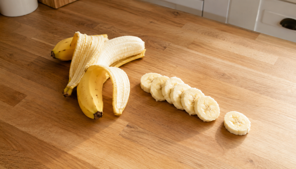 Partially peeled banana with sliced coins on wooden kitchen counter