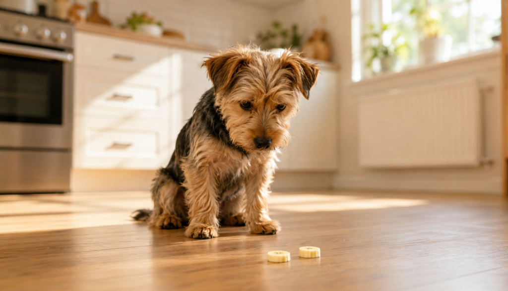 Small terrier looking at banana slices placed on kitchen floor