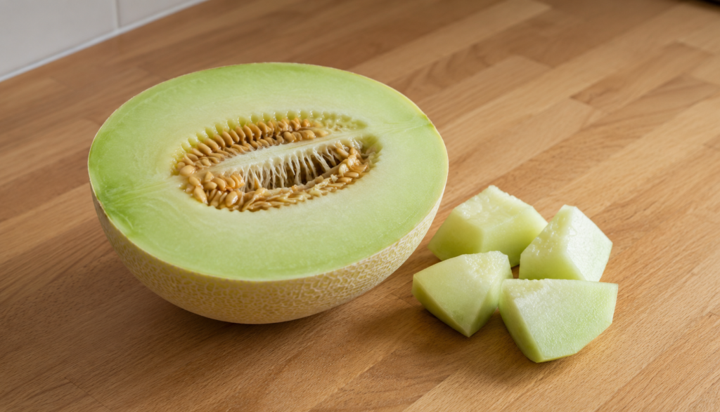 Halved honeydew melon with pale green flesh on wooden kitchen counter