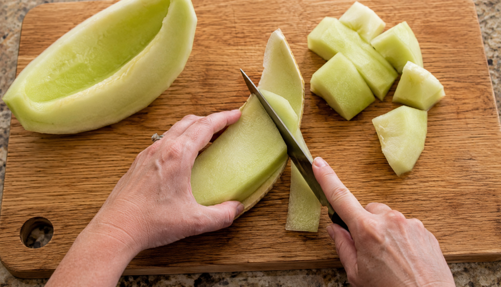 Hands removing honeydew rind on cutting board with seeds scraped out