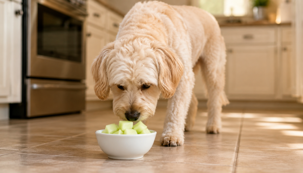 Cream-colored dog sniffing bowl of honeydew chunks on kitchen floor