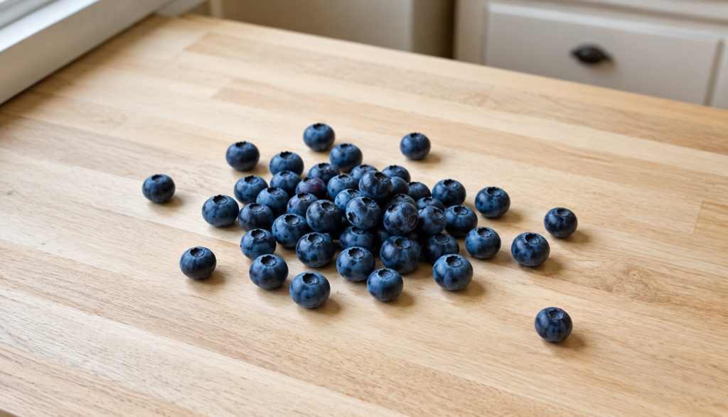 Fresh ripe blueberries scattered on light wooden kitchen counter