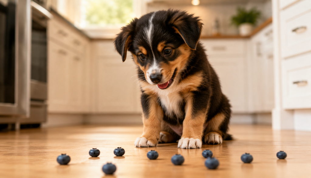 ChatGPT Image Jun 20, 2026, 11_35_43 PM Puppy looking eagerly at blueberries scattered on kitchen floor