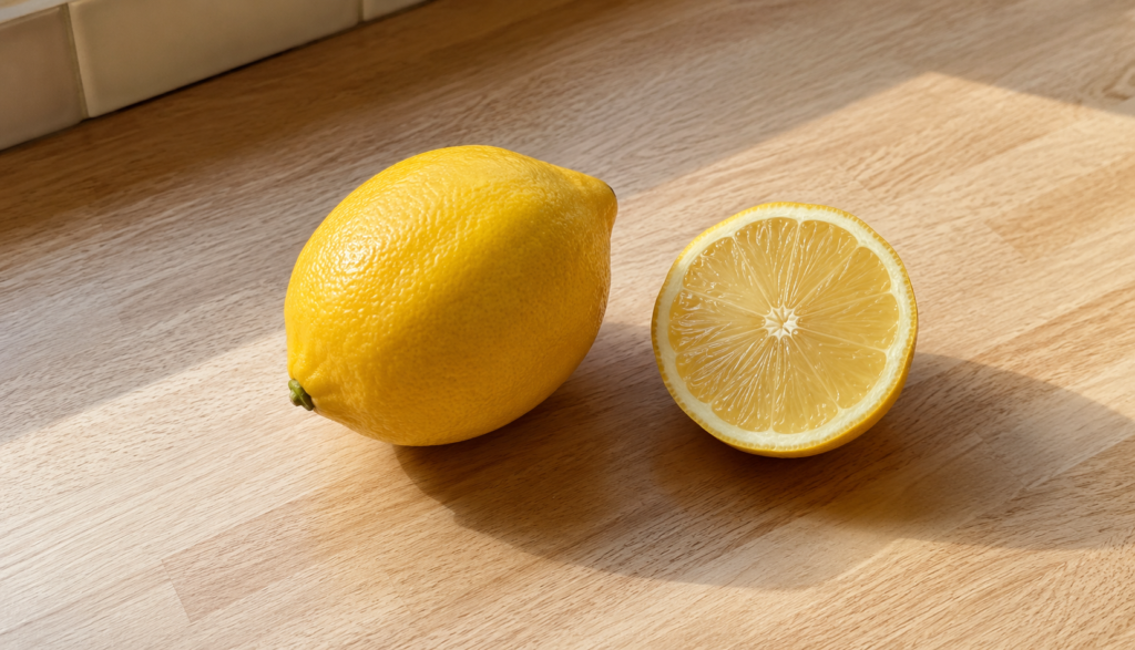 Whole and sliced lemon on light wooden kitchen counter