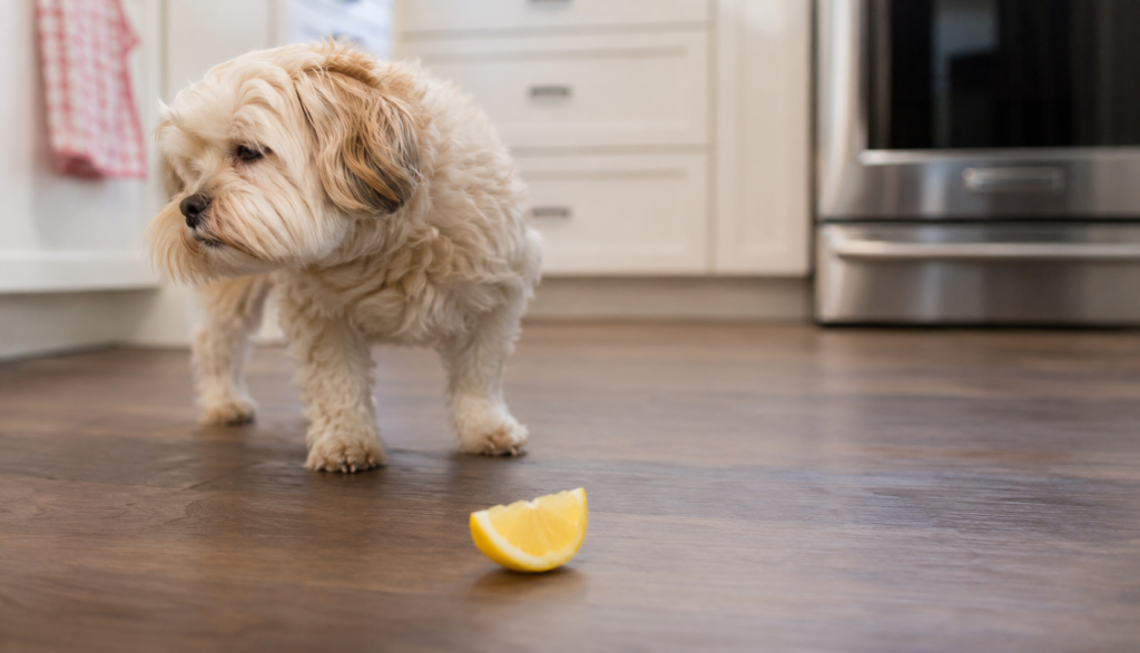 Small dog turning away from lemon wedge on kitchen floor