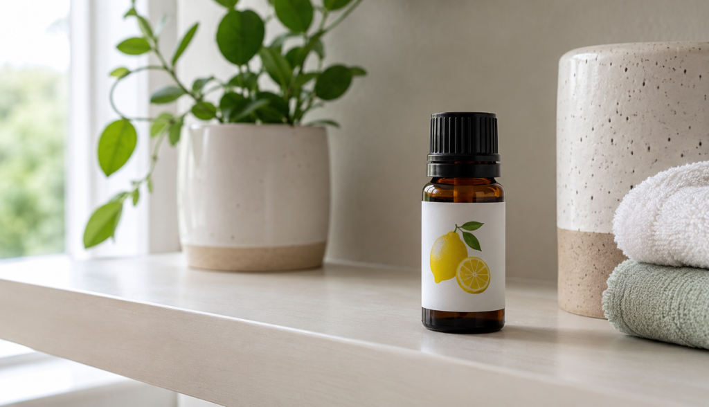Small bottle of lemon essential oil on home shelf
