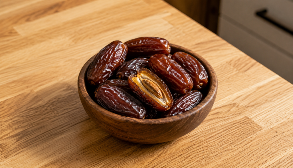 Bowl of whole dates with one cut open showing pit on kitchen counter