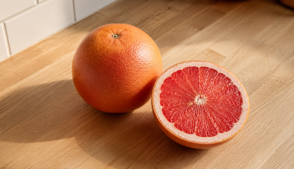 Whole and halved grapefruit showing pink flesh on kitchen counter