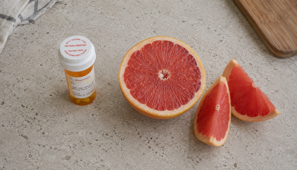 Prescription pill bottle beside sliced grapefruit on kitchen counter