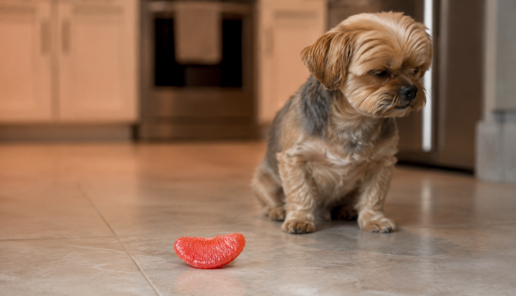 Small dog turning away from grapefruit segment on kitchen floor