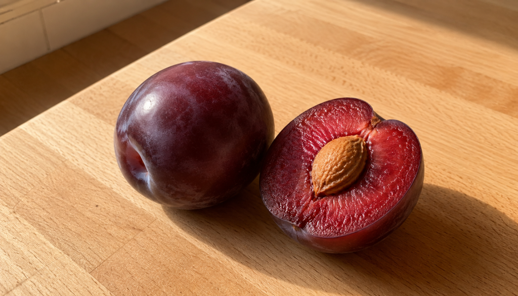 Whole and halved ripe plum showing pit on wooden kitchen counter