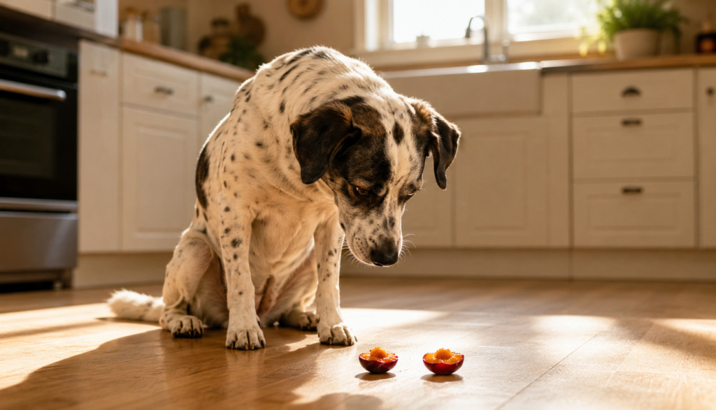 Spotted dog sniffing pitted plum pieces on sunny kitchen floor