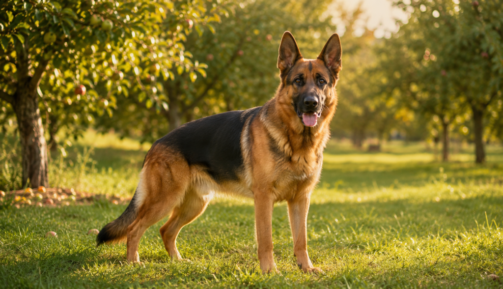 Healthy German Shepherd standing alert in bright orchard garden setting