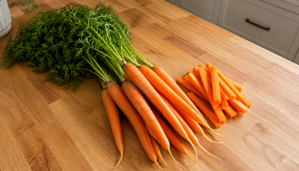 Fresh whole carrots with green tops and cut sticks on kitchen counter