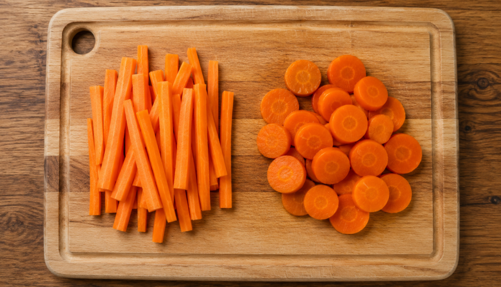 ChatGPT Image Jun 21, 2026, 06_42_42 PM Raw carrot sticks and cooked carrot rounds compared on cutting board