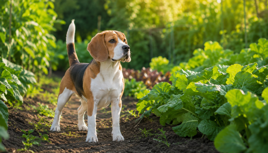 ChatGPT Image Jun 21, 2026, 06_45_30 PM Healthy Beagle standing alert in bright vegetable garden