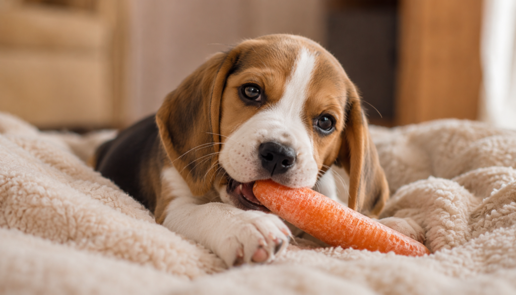 ChatGPT Image Jun 21, 2026, 06_48_03 PM Puppy chewing happily on a whole frozen carrot on a blanket