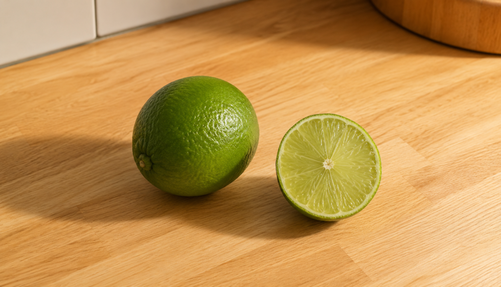 Whole and sliced lime on light wooden kitchen counter
