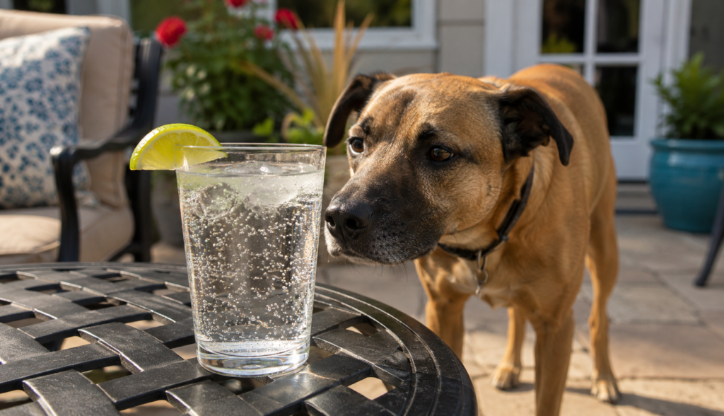 Dog sniffing near glass with lime wedge on outdoor table