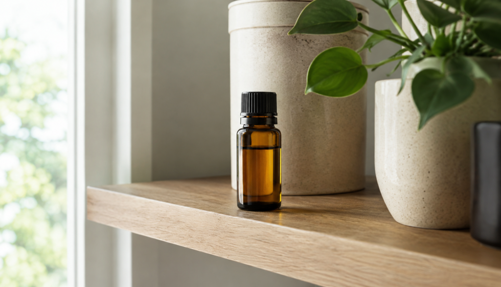 : Small bottle of lime essential oil on home shelf