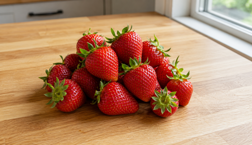 Fresh ripe strawberries with green tops on wooden kitchen counter