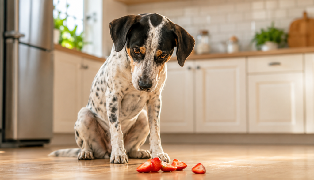 Spotted dog looking eagerly at sliced strawberries on kitchen floor