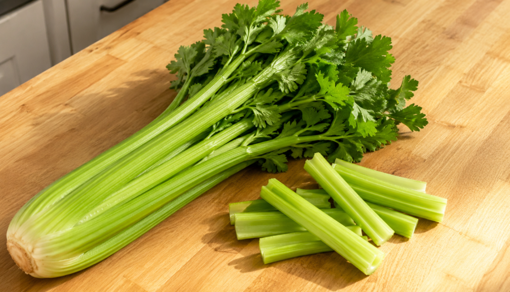 Fresh celery stalks with leaves and cut sticks on kitchen counter